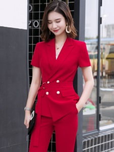 红色职业西装套装女夏季时尚高端气质ol正装短袖女士小西服工作服
