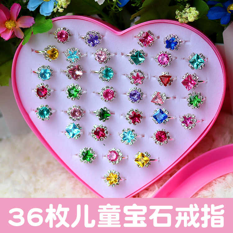 儿童玩具戒指饰品钻石女孩水晶公主仿真可爱心形开口彩色宝石韩版