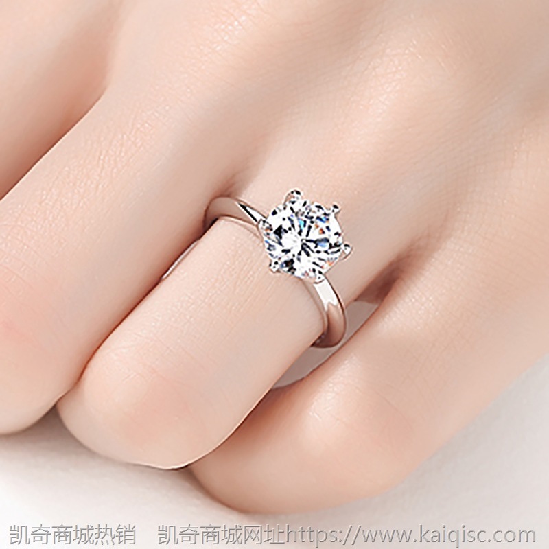 S925纯银戒指仿真1克拉钻戒六爪单锆石食指戒女结婚求婚情侣对戒