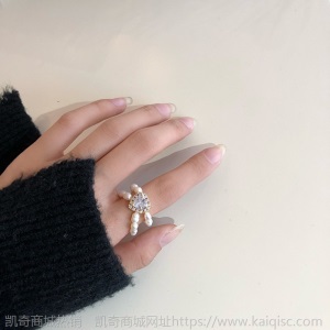 爱心水钻戒指珍珠双层串珠珠子锆石女戒桃心形气质配饰