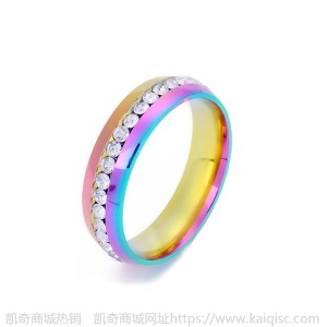 凯奇爆款 wish 彩色钻石情侣对戒6mm光面圆弧不锈钢戒指饰品批发