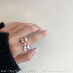 爱心水钻戒指珍珠双层串珠珠子锆石女戒桃心形气质配饰