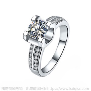 可调节开口莫桑石钻戒女1克拉钻石牛头四爪纯银电镀18k金结婚戒指