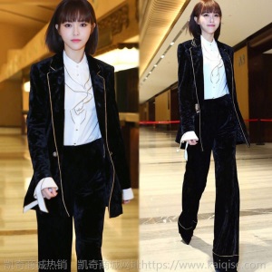 明星唐嫣同款2020秋冬新款丝绒西装套装女时尚休闲西服长裤两件套