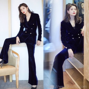 明星同款2020秋冬新款金丝绒西装套装女时尚气质显瘦小西服两件套