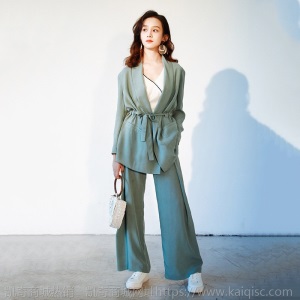 明星同款夏季薄款亚麻西装套装女韩版腰带休闲小西服阔腿裤两件套