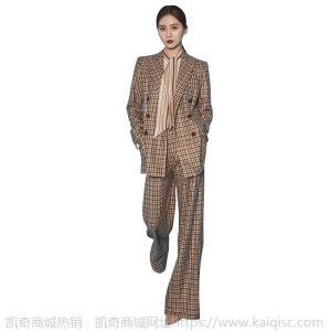 明星刘诗诗同款衣服韩版炸街格子西装套装女秋季西服微喇裤两件套
