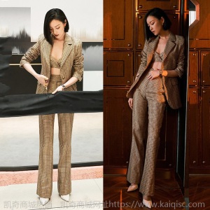 明星倪妮同款衣服韩版炸街格子西装套装女秋季西服微喇裤三件套
