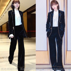 明星唐嫣同款2020秋冬新款丝绒西装套装女时尚休闲西服长裤两件套
