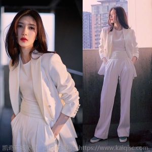 明星江疏影同款小香风白色西装套装女夏季薄款休闲西服长裤三件套