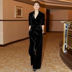 明星马伊琍同款宝蓝色丝绒西装套装女高腰坠感阔腿长裤西服两件套