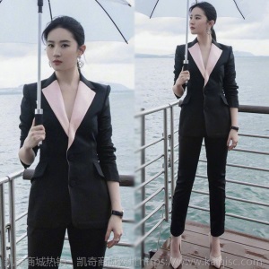 明星刘亦菲同款2020春秋职业西装套装女时尚拼接西服九分裤两件套