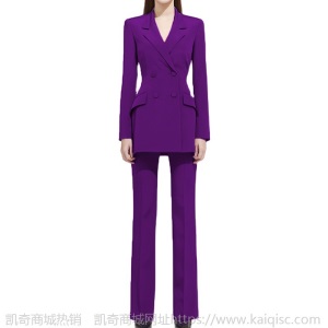 秋冬新款紫色气质女神范双排扣显瘦西装套装女高腰长裤职业两件套