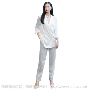 明星同款垂坠薄款职业装气质女神范白色反光醋酸缎面西装两件套装