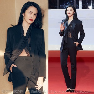 明星姚晨同款2020新款黑色西装套装女小香风职业西服直筒裤两件套