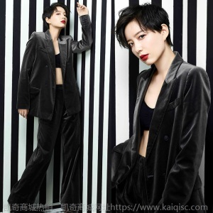 明星同款秋冬金丝绒西装套装女气质时尚英伦风西服阔腿长裤两件套