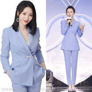 明星柳岩秋冬新款气质女神范西装名媛蓝色外套开叉小脚裤套装女
