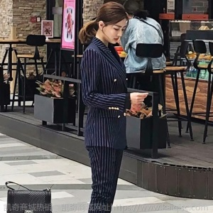 明星徐璐同款2020春秋新款条纹西装女两件套英伦风气质九分裤套装