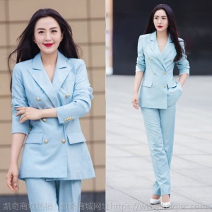 明星杨童舒同款西装套装女2020秋新款韩版女神范直筒裤长裤两件套