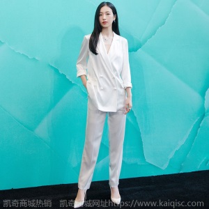 明星同款垂坠薄款职业装气质女神范白色反光醋酸缎面西装两件套装