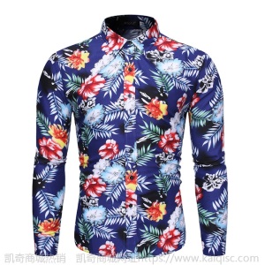 速卖通凯奇新款男士时尚印花翻领男士长袖花衬衫宽松大码CS57-P25