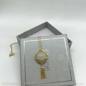 精品金色项链女金镶玉长命锁和田玉镀金如意平安锁坠送礼毛衣链子