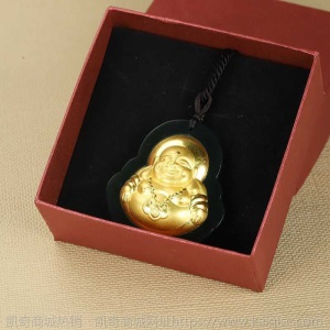 金镶玉999足金和田墨玉大号观音弥勒佛吊坠男女情侣玉坠项链