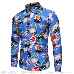 速卖通凯奇新款男士时尚印花翻领男士长袖花衬衫宽松大码CS57-P25