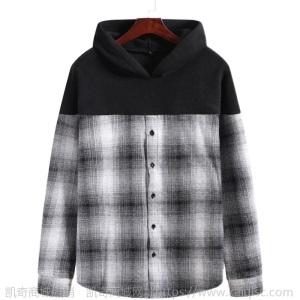 秋季新款 休闲带帽拼接男士格子衬衫9788-38