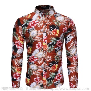 速卖通凯奇新款男士时尚印花翻领男士长袖花衬衫宽松大码CS57-P25