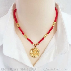 项链女金花吊坠项链绳女镀金镶玉红色编绳黑绳信美品牌