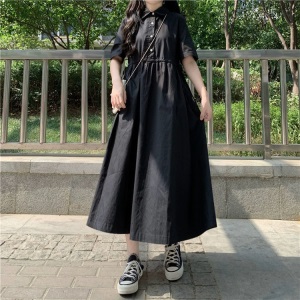 夏季日系POLO领抽绳收腰短袖连衣裙女学生韩版显瘦高腰黑色长裙子