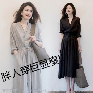 大码女装2021夏季新款胖mm衬衫连衣裙气质减龄收腰显瘦中长裙子潮