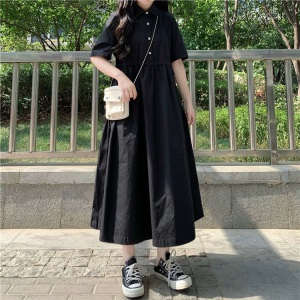 夏季日系POLO领抽绳收腰短袖连衣裙女学生韩版显瘦高腰黑色长裙子