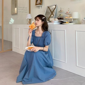 夏季2021新款复古法式过膝长裙收腰显瘦泡泡方领短袖连衣裙女裙子【5天内发货】
