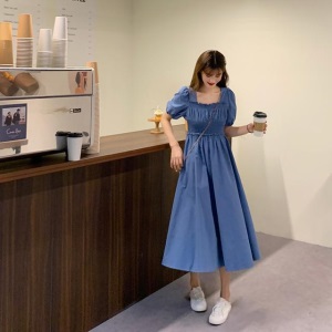 夏季2021新款复古法式过膝长裙收腰显瘦泡泡方领短袖连衣裙女裙子【5天内发货】