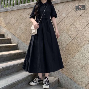 夏季日系POLO领抽绳收腰短袖连衣裙女学生韩版显瘦高腰黑色长裙子