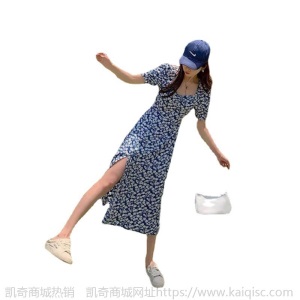 气质女人味 2021夏季新款法式复古泡泡袖开叉连衣裙碎花长裙女