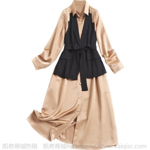 欧列精品拼接假两件开衫缎面连衣裙2021秋季西装马甲衬衫裙17176
