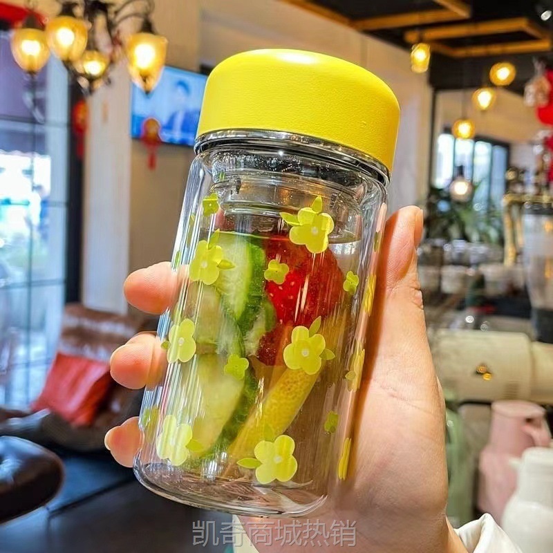 简约女神双层隔热耐高温玻璃杯高颜值办公过滤网泡茶文艺碎花杯