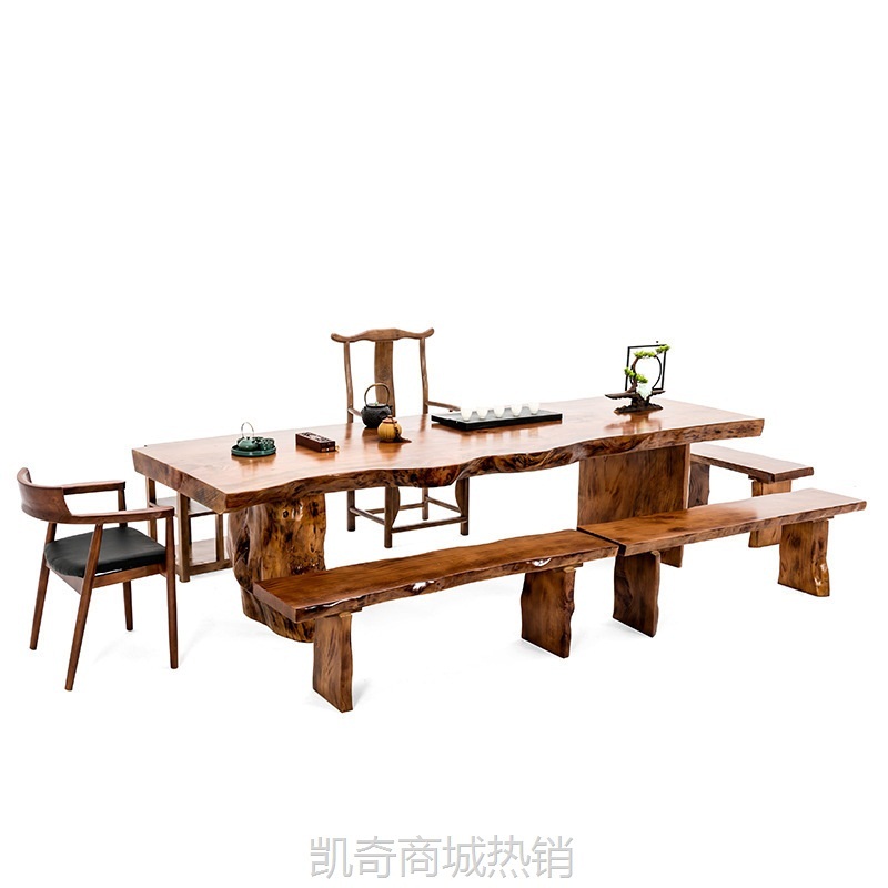 古典中式接待茶桌椅 茶馆自然边洽谈泡茶桌 家用整板原木功夫茶台