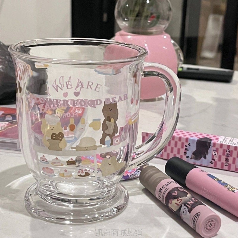 可爱小熊杯透明玻璃杯家用小众网红水杯卡通蛋糕杯早餐牛奶杯批发