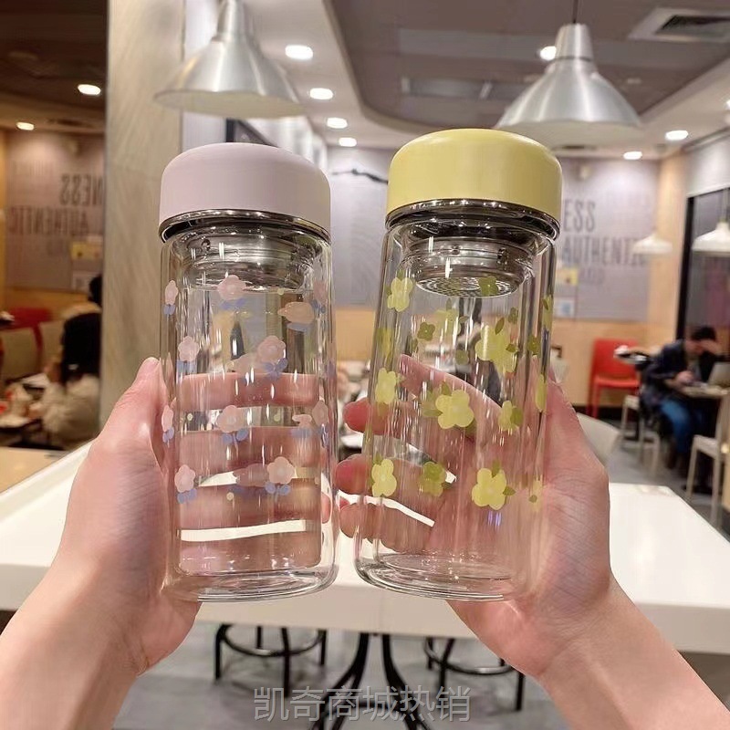 简约女神双层隔热耐高温玻璃杯高颜值办公过滤网泡茶文艺碎花杯