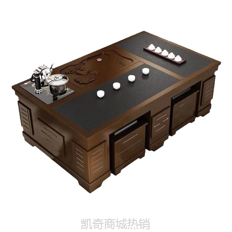 多功能茶桌组合功夫茶几现代简约火烧石办公家用茶盘客厅实木茶台