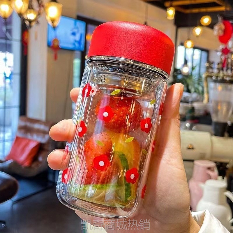 简约女神双层隔热耐高温玻璃杯高颜值办公过滤网泡茶文艺碎花杯