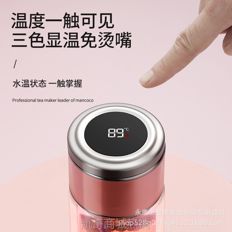 智能温显茶水分离水杯双层玻璃随手花茶杯车载便携温度显示水杯