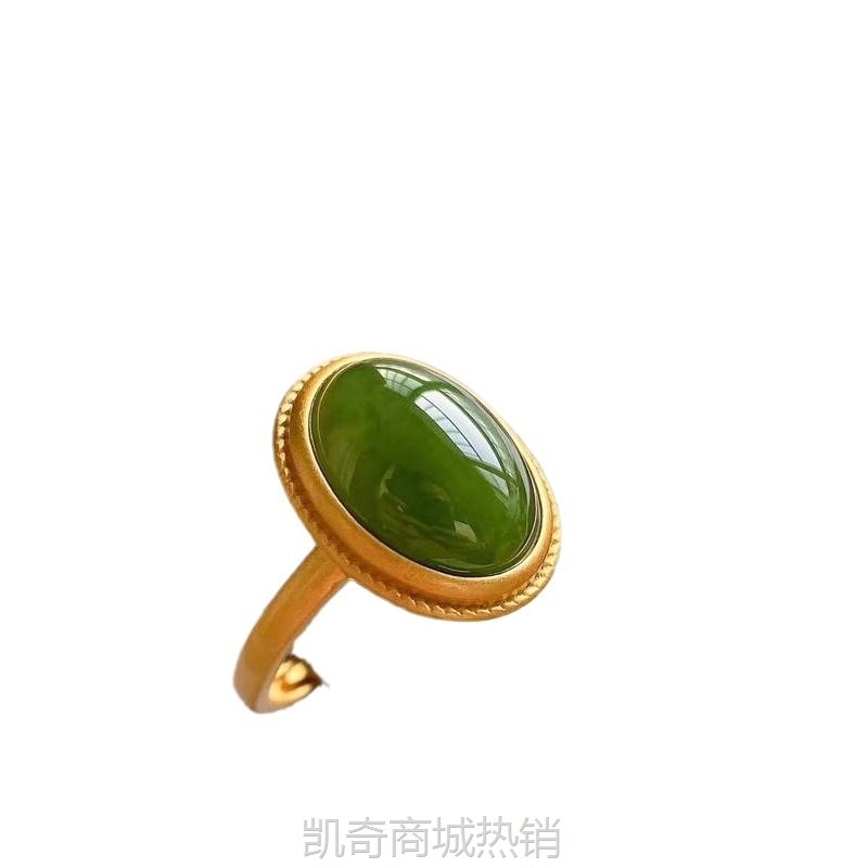 古法金镶嵌天然碧玉女款活口金色复古中国风可调节胖手大号戒指