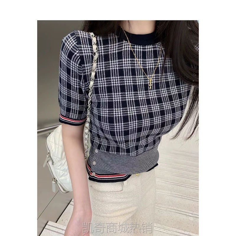 CHICYOU【伦敦商学院】贵族富家女学院感藏青色格子针织短袖上衣