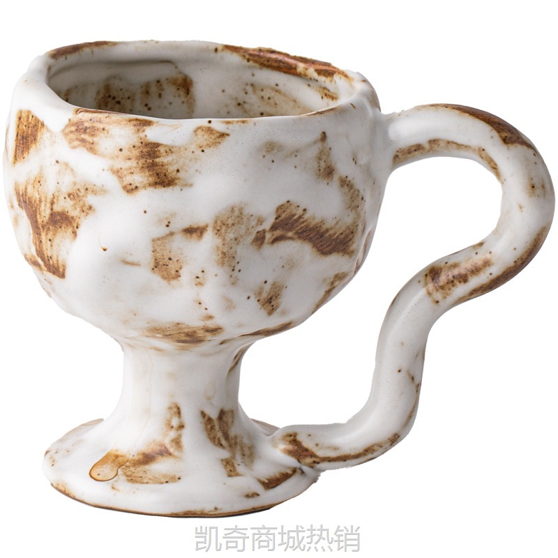 爆好看粗陶高脚甜品杯稀奇古怪咖啡杯子刷纹七夕伴手礼物马克杯