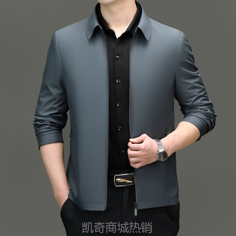 专柜男装桑蚕丝上衣夹克男中年薄款休闲外套春秋季爸爸装时尚茄克
